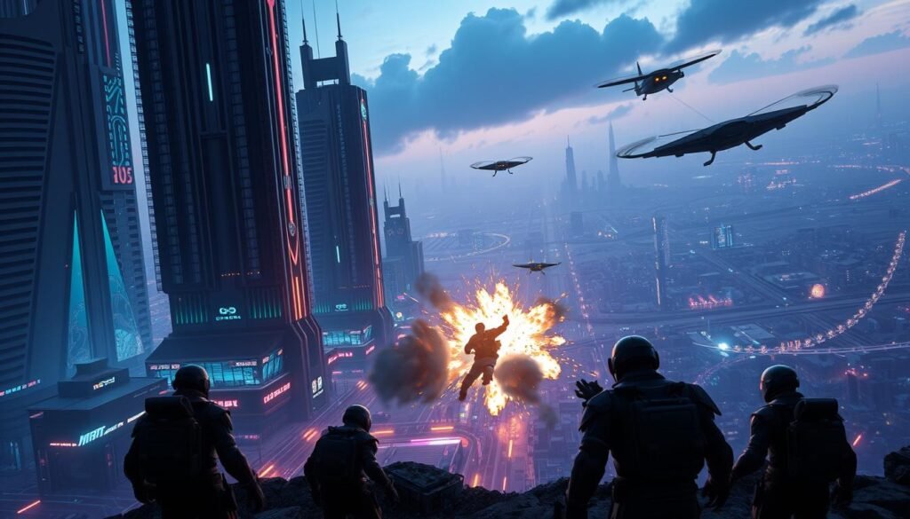 A cinematic, futuristic landscape depicting five next-generation PC games in 2025. Towering skyscrapers with holographic displays, neon-lit streets, and advanced aerial vehicles fill the scene. Dramatic lighting casts long shadows, creating a moody, sci-fi atmosphere. In the foreground, hyper-realistic character models showcase the games' cutting-edge graphics and intricate character designs. The middle ground features intense, action-packed gameplay sequences, with explosive effects and dynamic camera angles. The background is a vast, sprawling cityscape, bathed in a vibrant palette of blues, purples, and oranges, hinting at the technological advancements powering these visually stunning next-generation PC experiences.