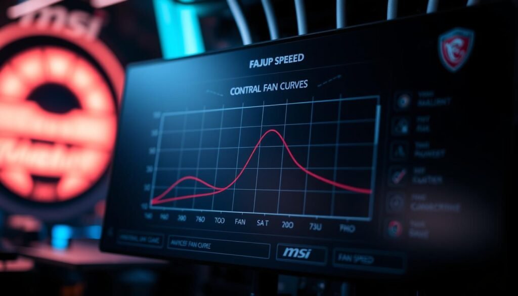 A close-up, highly detailed view of the MSI Afterburner software interface, showcasing the fan curve control panel. The user interface is presented in a clean, minimal style with a sleek, futuristic aesthetic. The graph display prominently features adjustable fan speed curves, allowing precise tuning of the GPU cooling system. The background is a dimly lit, technical environment, giving the scene a sense of precision and technical sophistication. Soft, directional lighting highlights the key components, creating depth and emphasizing the controls. The overall mood conveys a balance of functionality and visual appeal, reflecting the user's ability to fine-tune their GPU's performance and cooling.
