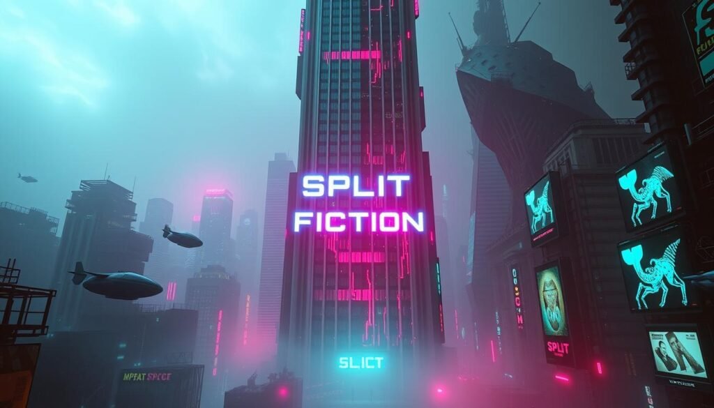 A cyberpunk cityscape shrouded in neon hues, with a towering skyscraper at the center, its facade split into two distinct architectural styles. The left side depicts a sleek, modern glass and steel design, while the right side features a more organic, almost organic-inspired structure with intricate details. In the foreground, a holographic display projects the title "Split Fiction" against the backdrop of the divided building, casting a mesmerizing glow. Scattered throughout the scene are subtle hints of futuristic technology, such as hovering vehicles and holographic billboards, creating a visually captivating and immersive cyberpunk atmosphere.