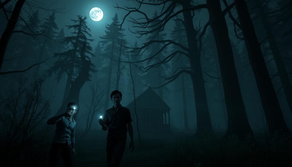 A dark, foggy forest scene depicting a co-op horror adventure in "FBC: Firebreak." In the foreground, two players in modest, casual clothing hold flashlights, their expressions a mix of determination and fear. The middle ground features a dilapidated cabin, partially obscured by creeping vines and mysterious shadows. Eerie, spectral figures lurk in the trees, their wisps blending into the fog, creating tension. The background showcases towering, gnarled trees silhouetted against a dimly lit, moonlit sky, casting elongated shadows. The atmosphere is tense and suspenseful, with cool, muted lighting highlighting the presence of danger. Use a wide-angle lens to capture the scale of the scene, enhancing the feeling of isolation and apprehension as the adventure unfolds.