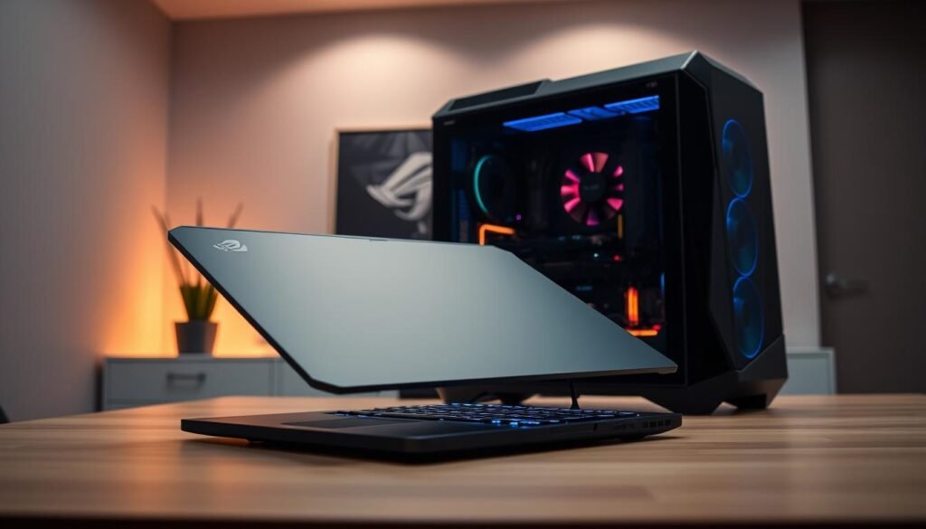 A desktop gaming setup with a powerful laptop in the foreground, showcasing the latest GeForce RTX 50 Series GPU. The laptop is angled slightly, displaying its sleek, modern design with a glowing RGB keyboard. Behind it, a high-end gaming PC tower stands, its tempered glass side panel revealing its advanced components. The scene is illuminated by a warm, ambient lighting, creating a cozy and immersive atmosphere. The background features a minimalist, modern interior with clean lines and muted colors, allowing the gaming equipment to take center stage. The overall composition conveys the versatility and performance of the next-generation RTX 50 Series, suitable for both desktop and mobile gaming. A desktop gaming setup with a powerful laptop in the foreground, showcasing the latest GeForce RTX 50 Series GPU. The laptop is angled slightly, displaying its sleek, modern design with a glowing RGB keyboard. Behind it, a high-end gaming PC tower stands, its tempered glass side panel revealing its advanced components. The scene is illuminated by a warm, ambient lighting, creating a cozy and immersive atmosphere. The background features a minimalist, modern interior with clean lines and muted colors, allowing the gaming equipment to take center stage. The overall composition conveys the versatility and performance of the next-generation RTX 50 Series, suitable for both desktop and mobile gaming.