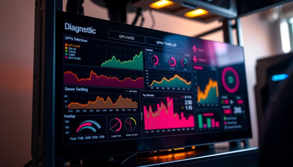 A detailed diagnostic display panel, illuminated by warm, ambient lighting, showcasing real-time GPU usage metrics. The panel features a sleek, minimalist design with clean lines and a dark, high-contrast interface. Vibrant, color-coded graphs and charts dynamically visualize GPU load, temperature, clock speeds, and power consumption, providing a comprehensive overview of the system's performance. The display is set against a subtle, blurred background, highlighting the technical information at the forefront. Subtle reflections and shadows add depth and realism to the scene, creating a professional, industrial atmosphere suitable for an article on next-generation gaming PCs.