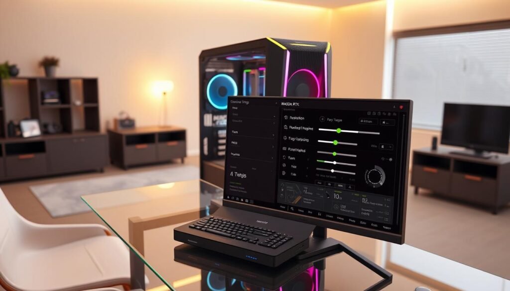 A detailed, highly technical 3D render of a high-end gaming PC setup featuring an NVIDIA RTX graphics card. The scene is set in a minimalist, modern home office with warm lighting and sleek, angular furniture. The PC tower is prominently displayed on an elegant glass desk, its angular chassis and intricate RGB lighting accents shimmering under carefully placed studio lights. The monitor in the foreground shows a detailed user interface for configuring advanced graphics settings, with sliders and toggles for resolution, ray tracing, DLSS, and other cutting-edge visual technologies. The overall atmosphere conveys a sense of power, precision, and technological prowess - a setup built to push the boundaries of what's possible with the latest RTX hardware.