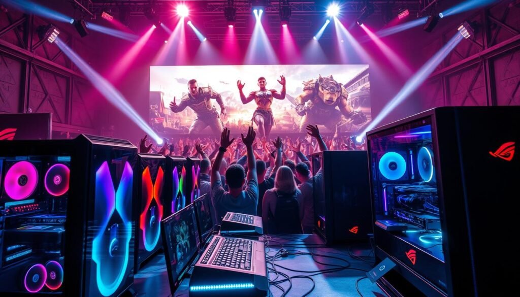 A dramatic year-end release celebration, with an epic scene showcasing the latest high-end gaming PCs. In the foreground, sleek and powerful next-gen rigs adorned with vibrant RGB lighting, casting a futuristic glow. In the middle ground, game developers and enthusiasts gathered, raising their hands in excitement as they witness the unveiling of the most anticipated titles. The background features a large, cinematic display showcasing stunning gameplay footage, creating an immersive and captivating atmosphere. Beams of light from high-powered spotlights illuminate the scene, reflecting off the glossy surfaces of the hardware. An electric energy fills the air, capturing the anticipation and wonder of this pivotal moment in the gaming landscape.