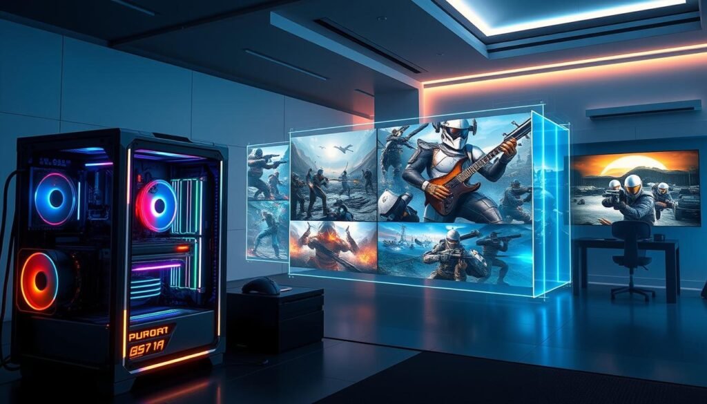 A dynamic, futuristic gaming scene showcasing the latest PC hardware and game titles. In the foreground, a state-of-the-art gaming rig with an array of glowing components and cutting-edge peripherals. In the middle ground, holographic displays showcase high-fidelity gameplay from a diverse range of next-generation game titles, their visuals pushing the boundaries of realism. The background is a sleek, minimalist environment with subtle lighting and architectural details, conveying a sense of technological advancement. The overall mood is one of excitement and anticipation, capturing the essence of the latest advancements in PC gaming.