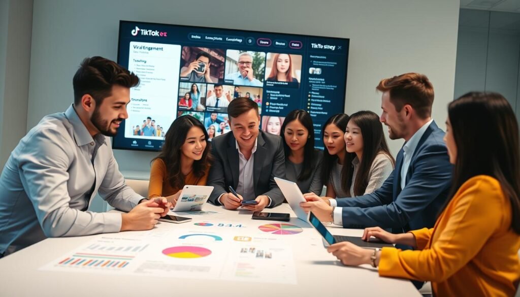 A dynamic visual representation of a TikTok viral content strategy. In the foreground, a diverse group of young professionals dressed in modern business attire brainstorming ideas around a sleek table with digital devices like smartphones and laptops. The middle ground features colorful charts and graphs illustrating engagement metrics and popular TikTok trends. In the background, a large screen displays a TikTok interface with vibrant clips and trending hashtags. Use bright, engaging lighting to create an energetic atmosphere, emphasizing the innovative spirit of social media marketing. Opt for a slightly angled perspective to highlight the collaborative environment, capturing the excitement and potential of live shopping and social commerce in today's digital landscape.