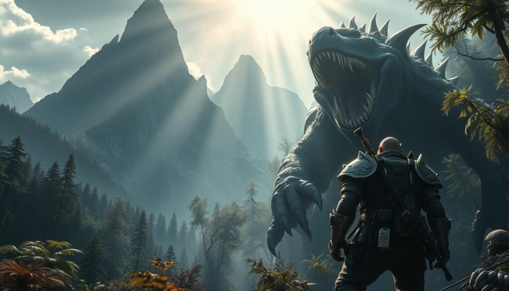 A fantastical landscape of towering mountains and dense, primeval forests. In the foreground, a formidable monster hunter, equipped with an array of gleaming, high-tech weapons and armor, stands ready to face a colossal, snarling beast emerging from the shadows. The creature's massive jaws gape wide, revealing rows of razor-sharp fangs, as its powerful limbs crash through the undergrowth. Beams of sunlight pierce through the thick canopy, casting dramatic shadows and highlights that accentuate the intensity of the impending clash. The atmosphere is charged with a palpable sense of danger and excitement, as the hunter and the monster prepare to engage in a brutal, no-holds-barred battle for survival within this untamed, living ecosystem.