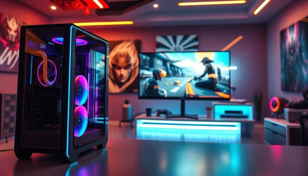 A futuristic gaming PC setup for 2024, prominently displayed in the foreground with a sleek, minimalist design featuring RGB lighting effects. The case showcases transparent panels revealing high-end components like a powerful graphics card and cooling systems. In the middle ground, a high-resolution display shows an immersive game scene, with vivid colors and dynamic lighting that enhances the gaming experience. The background features a modern room with gaming posters and ambient LED lighting creating a vibrant atmosphere. The lighting is warm and inviting, casting reflections on the monitor while maintaining a professional tone. Capture from a slightly elevated angle, emphasizing the sleek design while providing depth to the scene, evoking excitement about the next-gen gaming capabilities.