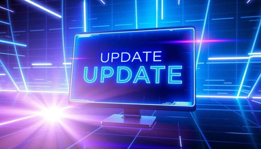 A futuristic, neon-lit computer interface with a central focus on the word "UPDATE" displayed prominently. The interface features sleek, minimalist design elements in shades of blue and purple, with holographic-style effects and subtle digital glitches. The background is a dynamically pulsing grid of lines and shapes, conveying a sense of technological progress and innovation. Bright beams of light emanate from the "UPDATE" text, illuminating the scene with an ethereal, almost mystical quality. The overall atmosphere is one of anticipation and excitement, reflecting the notion of cutting-edge game content and features being readily available for players.
