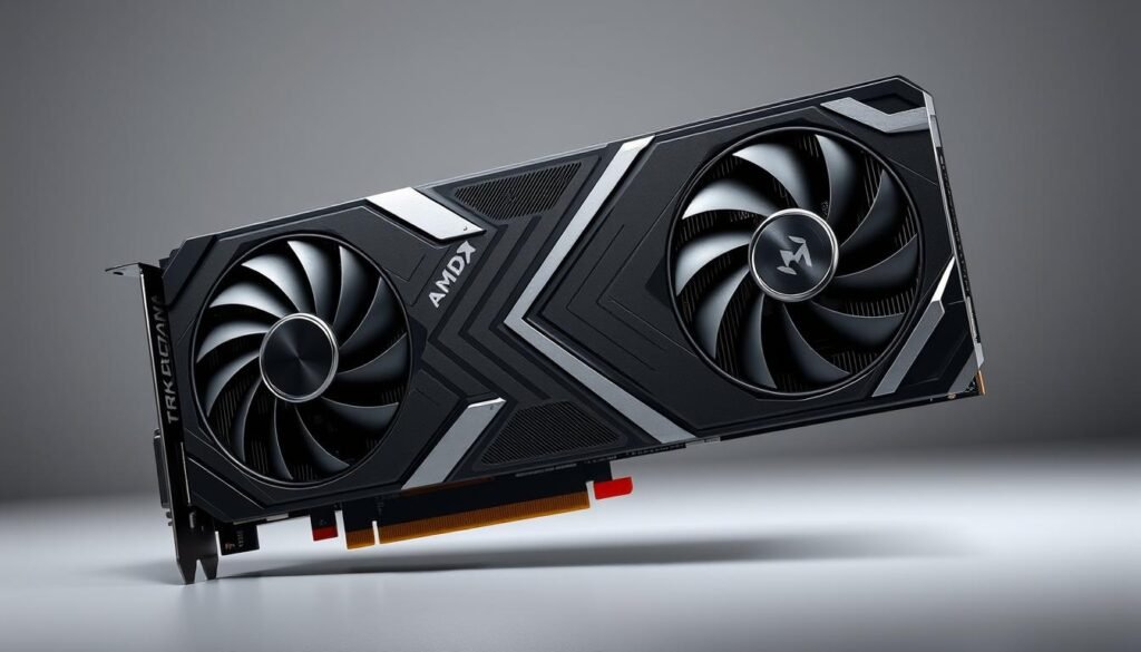 A high-quality, realistic rendering of a modern gaming graphics card, specifically an AMD Radeon RX 7900 XT, presented in a detailed, technical, and visually striking manner. The card is shown in a 3/4 front view, with careful attention to its intricate heatsink design, array of power connectors, and sleek metallic accents. The scene is set against a neutral background, allowing the card to be the focal point, illuminated by a combination of directional lighting and subtle ambient lighting to showcase its angular lines and textures. The overall mood is one of technological sophistication, hinting at the card's impressive performance capabilities.