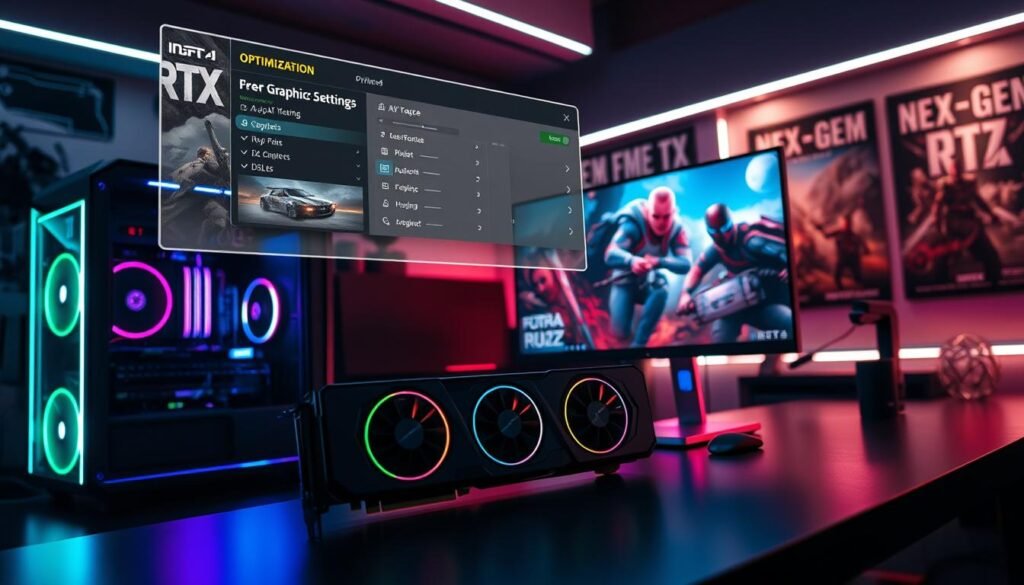 A high-tech gaming setup showcasing an advanced RTX graphics card prominently displayed on a sleek gaming desk. In the foreground, a powerful gaming PC illuminated with vibrant RGB lighting, adjacent to a high-resolution monitor displaying a vibrant in-game scene with intense action and detailed graphics settings optimized for RTX performance. In the middle ground, a virtual interface floats above the desk, featuring detailed graphics settings like ray tracing and DLSS, emphasizing the optimization process. The background contains a dimly lit room accentuated with LED strips and posters of next-gen games, creating a dynamic and immersive atmosphere. Soft, dramatic lighting highlights the equipment while maintaining a professional and engaging tone, inviting gamers to explore the potential of their RTX setup.