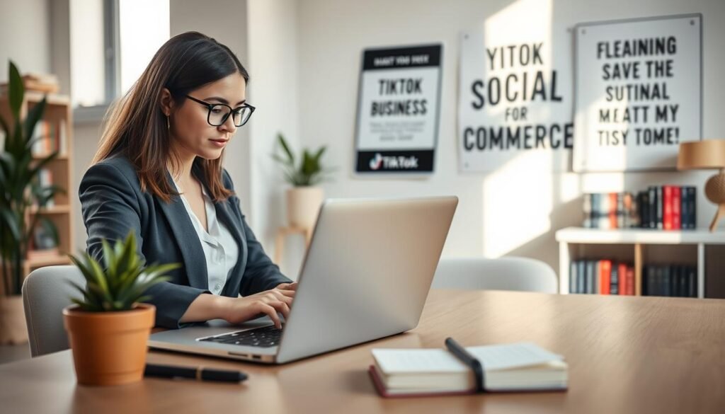 A modern workspace featuring a professional businesswoman in smart casual attire, focused on setting up a TikTok Business account on her laptop. The foreground shows a sleek desk with the laptop opened to the TikTok app interface, colorful social media icons visible on the screen. In the middle ground, a potted plant and notepad with business notes create a productive atmosphere. In the background, a well-organized bookshelf filled with marketing books and a motivational poster about social commerce. Soft, natural lighting filters through a window, casting warm tones and creating an inspiring environment. The overall mood is ambitious and forward-thinking, reflecting the potential of TikTok for small businesses.