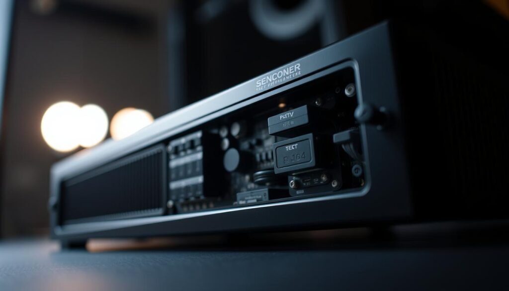 A sleek, close-up view of a high-performance video encoder, its intricate components and circuitry illuminated by soft, directional lighting. The encoder's housing has a matte black finish, with subtle metallic accents highlighting its precision engineering. The lens captures the device at a slightly low angle, emphasizing its technological prowess and power. The background is blurred, drawing the viewer's focus entirely to the encoder's elegant, minimalist design and the complex inner workings visible through its transparent casing. An atmosphere of technological sophistication and cutting-edge performance permeates the scene.