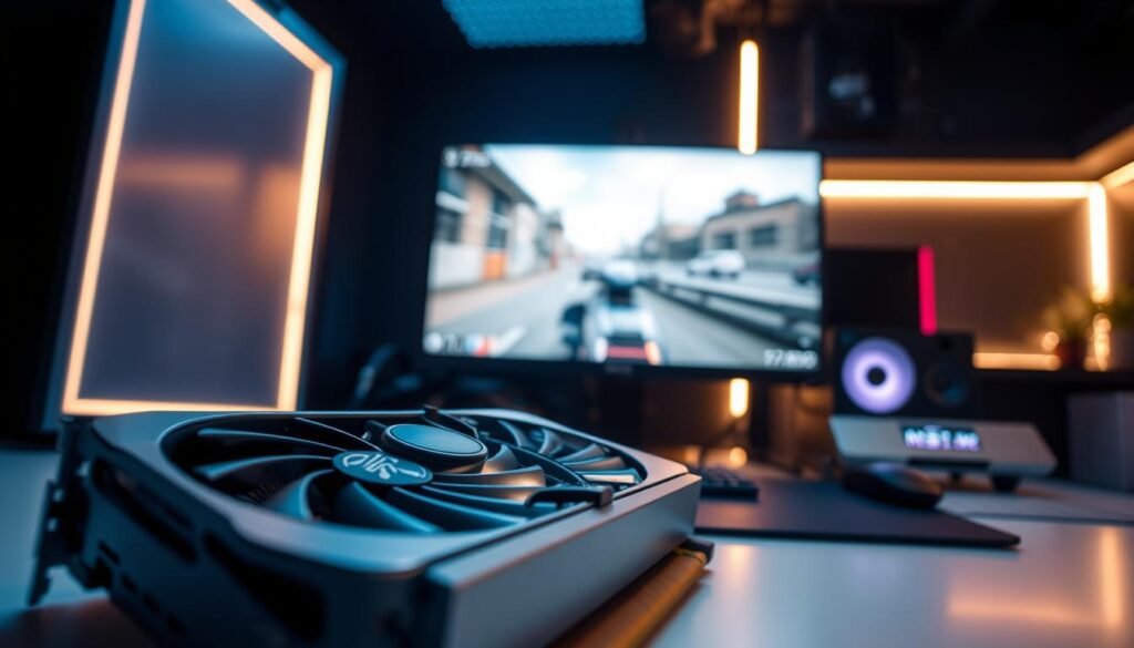 A sleek, high-performance gaming PC setup, meticulously optimized for maximum FPS. The foreground showcases a powerful graphics card, its fans gently whirring, surrounded by a clean, minimalist aesthetic. In the middle ground, a gaming monitor displays a fast-paced first-person shooter game, with fluid animations and crisp visuals. The background features a dimly lit, modern gaming environment, with strategic lighting highlighting the key components. The overall scene conveys a sense of technical precision, performance, and the thrill of optimized gameplay.