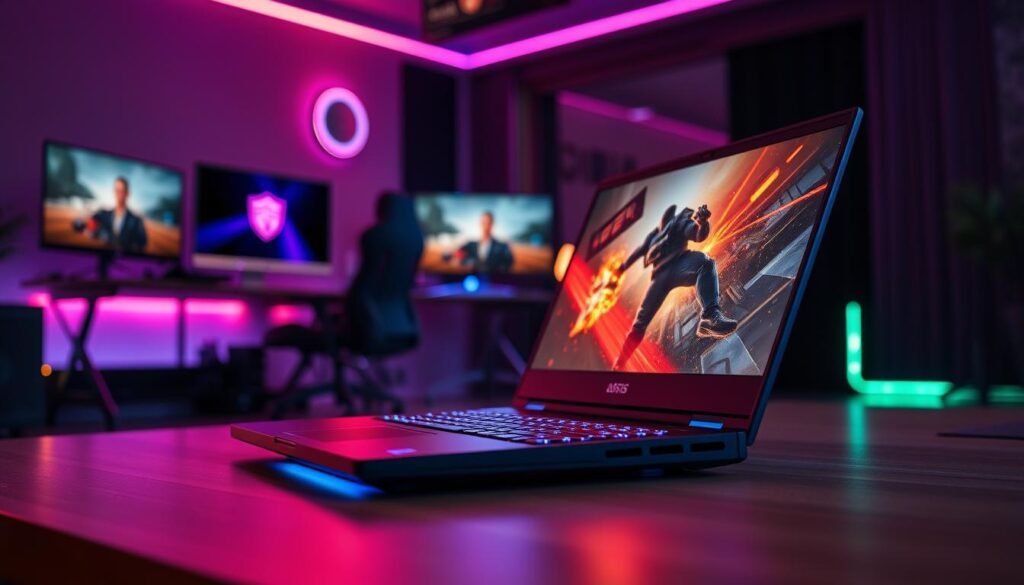 A sleek, high-performance gaming laptop sits prominently in the foreground, showcasing its illuminated keyboard and vibrant display, depicting an intense gaming scene from a next-gen game. The laptop is angled to highlight its modern design, with cooling vents subtly visible. In the middle ground, a soft-focus gaming setup including a stylish monitor, ergonomic chair, and gaming peripherals enhances the atmosphere of a dedicated gaming space. In the background, a dimly lit room illuminated by RGB lights creates an immersive ambiance, evoking a sense of anticipation and excitement. The lighting casts gentle reflections on the laptop's surface, emphasizing its high-tech features. The overall mood is dynamic and inspiring, hinting at the power of optimization for a superior gaming experience.