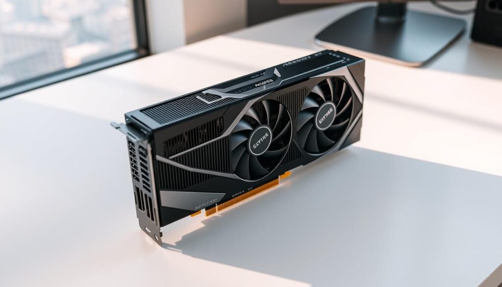 A sleek, high-performance graphics card sits on a clean, minimalist desktop. The RTX 5070 boasts a powerful Ampere GPU, with 8GB of GDDR6 memory and advanced ray-tracing capabilities. Meticulously crafted with a striking black and silver aesthetic, the card exudes a sense of modern, cutting-edge technology. Soft, directional lighting illuminates the intricate heatsink and fan assembly, casting dynamic shadows that emphasize the card's angular design. In the background, a softly blurred cityscape can be seen through the window, hinting at the card's potential to deliver stunning visuals for next-generation gaming experiences.
