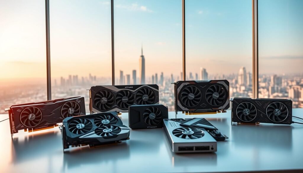A sleek, modern computer desk with a variety of high-end graphics cards prominently displayed. The cards are arranged in a visually appealing layout, showcasing their intricate designs and features. Diffused lighting from above casts a warm, inviting glow, highlighting the shiny metallic accents and intricate cooling systems of the cards. In the background, a large city skyline is visible through a panoramic window, suggesting the cards' power and capabilities for cutting-edge gaming and content creation. The overall scene conveys a sense of technological sophistication and the high-end nature of the graphics cards, reflecting their premium pricing and desirability in the Indonesian market. A sleek, modern computer desk with a variety of high-end graphics cards prominently displayed. The cards are arranged in a visually appealing layout, showcasing their intricate designs and features. Diffused lighting from above casts a warm, inviting glow, highlighting the shiny metallic accents and intricate cooling systems of the cards. In the background, a large city skyline is visible through a panoramic window, suggesting the cards' power and capabilities for cutting-edge gaming and content creation. The overall scene conveys a sense of technological sophistication and the high-end nature of the graphics cards, reflecting their premium pricing and desirability in the Indonesian market.