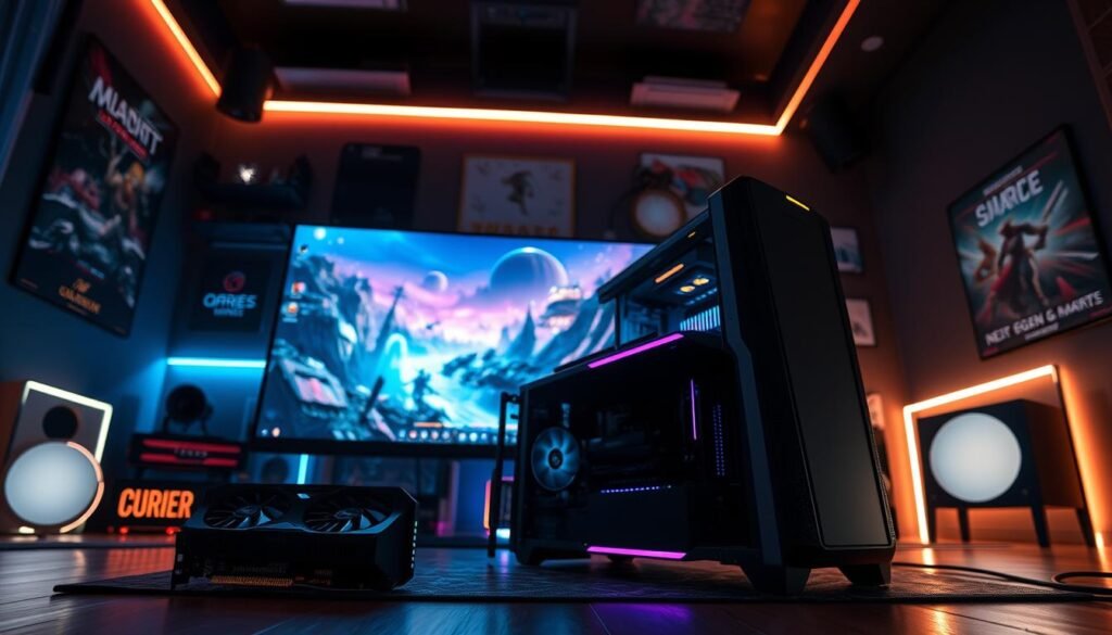 A sleek, modern gaming PC setup is prominently displayed in the foreground, showcasing cutting-edge components like a shining graphics card with RGB lights. In the middle, a large high-resolution monitor displays a breathtaking next-gen game scene illuminated by dynamic, colorful lighting effects, emphasizing stunning visuals and depth. The background shows a dimly lit gaming room adorned with futuristic decor, ambient LED lights, and posters of popular next-gen games from 2025. Capture the ambiance with a soft glow, creating an immersive atmosphere. Use a low-angle shot to enhance the grandeur of the setup, ensuring the scene feels both exciting and aspirational, inviting gamers to envision the advanced technology and graphics of the future.