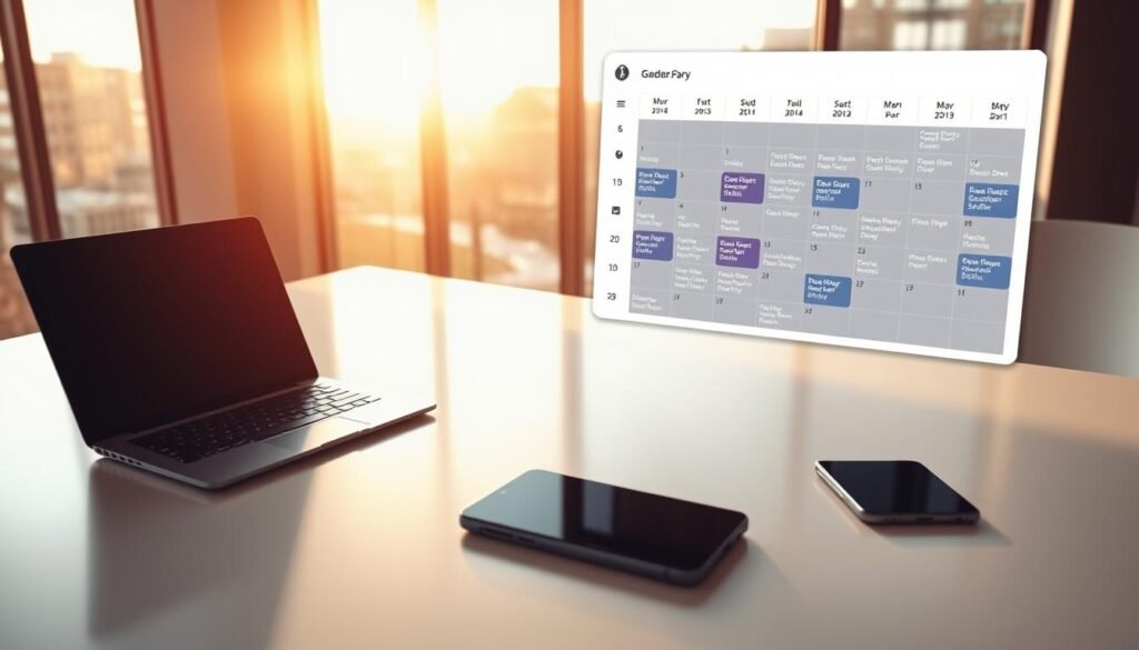 A sleek, modern office desk with a laptop, a tablet, and a smartphone arranged neatly. The desk is illuminated by warm, natural lighting filtering through large windows, casting a soft glow on the devices. In the background, a digital calendar shows an updated schedule, with key dates and upcoming release plans highlighted. The overall atmosphere conveys a sense of organization, productivity, and a focus on staying informed about the latest developments in the gaming industry.