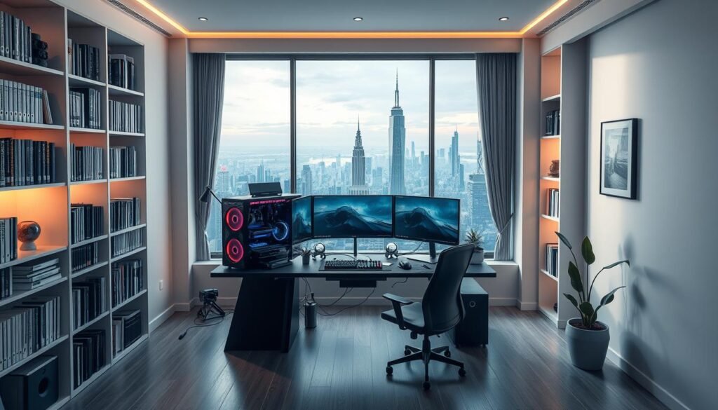 A spacious, well-lit home office with a sleek, modern workstation. The desk features a top-of-the-line gaming PC with a powerful GPU, multiple high-resolution monitors, and a high-end keyboard and mouse setup. Bookshelves filled with technical manuals line the walls, and a large, panoramic window provides a breathtaking view of a futuristic cityscape outside. Soft, indirect lighting creates a comfortable, productive atmosphere, while subtle ambient details, like a potted plant and minimalist decor, complete the sophisticated, aspirational setup. The overall impression is one of a meticulously curated, high-performance workspace that is both visually stunning and optimized for the ultimate gaming and content creation experience.