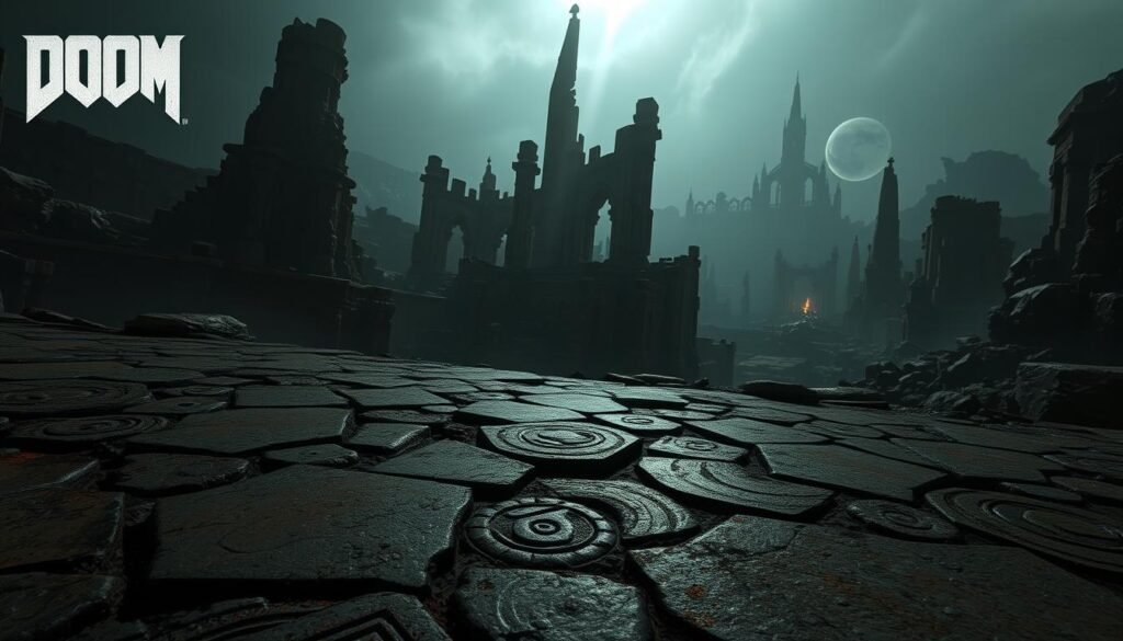A sprawling 4K DOOM texture pool, spanning 1536 square pixels, showcases the gritty, high-fidelity visuals of a reimagined &quot;The Dark Ages&quot; setting. Intricate demonic runes and distressed, weathered surfaces cover the foreground, casting ominous shadows that stretch into a middle ground of crumbling ancient architecture. In the background, a moody, atmospheric lighting scheme illuminates towering spires and jagged silhouettes, creating a sense of foreboding and unease. The scene is captured with a wide, cinematic angle, emphasizing the grand scale and immersive quality of this next-generation DOOM experience, powered by cutting-edge DLSS technology for seamless 4K high-FPS gameplay.