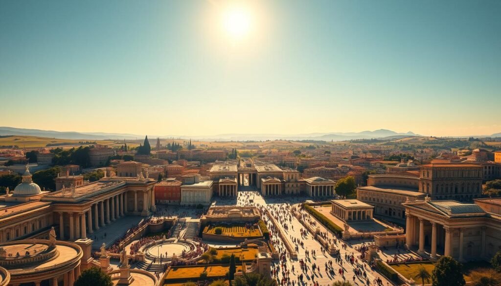 A sprawling Roman city nestled in a lush, rolling landscape, under the warm glow of a golden afternoon sun. The grand, marble-clad architecture of public forums and amphitheaters dominate the foreground, adorned with intricate statues and columns. In the middle ground, bustling streets teem with toga-clad citizens, merchants, and chariots. The background reveals the distant silhouettes of rolling hills and a clear, azure sky. The scene evokes a sense of peace, prosperity, and the grandeur of the Pax Romana era, where the Roman Empire stood at the height of its power and influence.