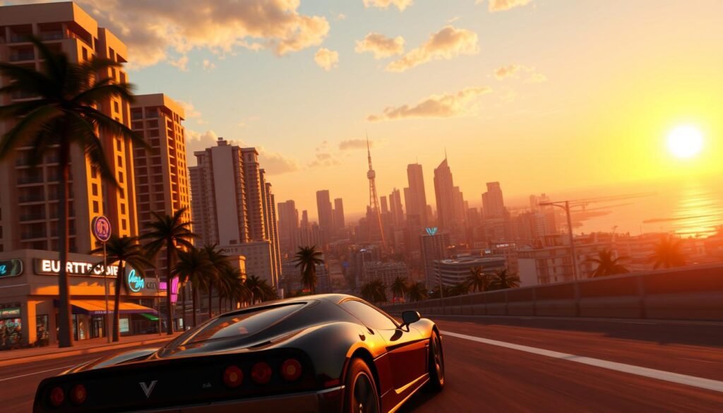 A sprawling cityscape of neon-drenched high-rises and palm tree-lined boulevards, bathed in the warm glow of a setting sun. In the foreground, the silhouette of a sports car races through the streets, its sleek curves and powerful engine hinting at the thrilling gameplay to come. In the middle ground, the iconic Vice City skyline rises, a vibrant and bustling metropolis teeming with possibilities. The background is a panoramic vista, capturing the sun's golden rays as they descend over the shimmering ocean, creating a sense of anticipation and adventure. The overall mood is one of excitement and unbridled potential, a tantalizing glimpse of the epic scale and immersive experiences that await in the highly anticipated Grand Theft Auto VI.