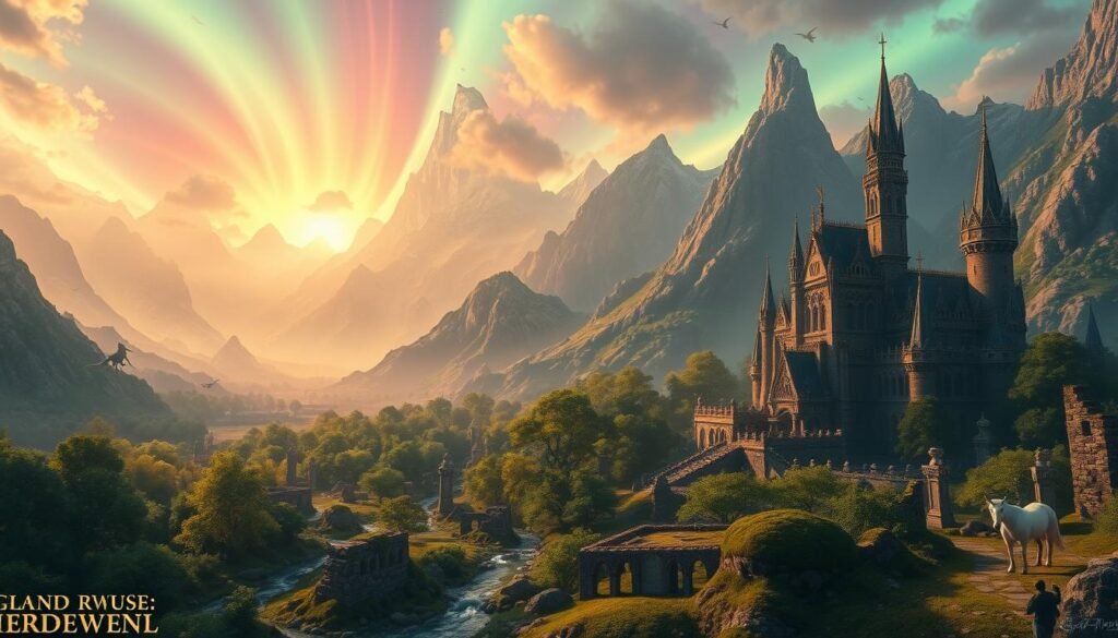A sprawling fantasy realm, with towering mountains reaching towards a vibrant, aurora-lit sky. In the foreground, a majestic castle stands, its spires and turrets illuminated by soft, warm lighting. Intricate architectural details adorn the structure, hinting at a rich history and culture. In the middle ground, a lush, verdant forest sprawls, its canopy of ancient trees casting dappled shadows upon the glistening streams and moss-covered ruins below. Mystical creatures, like unicorns and griffins, roam this enchanted landscape, their movements captured in a cinematic wide-angle shot. The overall scene conveys a sense of wonder, adventure, and the boundless possibilities of a fantastical world.