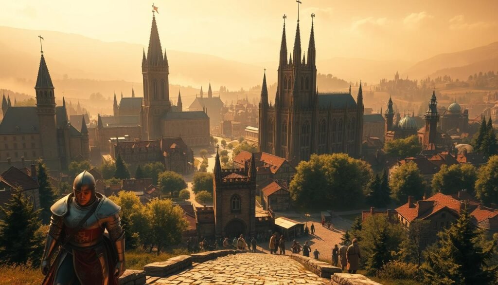 A sprawling medieval kingdom, its grand castles and bustling towns bathed in warm, golden light. In the foreground, a knight clad in gleaming armor strides purposefully, his tabard emblazoned with the royal crest. Towering cathedral spires pierce the hazy sky, their intricate stonework casting long shadows across the cobblestone streets. Peasants and merchants go about their daily tasks, their faces etched with the weight of history. Lush, verdant forests encroach on the city limits, hinting at the untamed wilderness beyond. The scene exudes an air of authenticity, a faithful recreation of the harsh realities and subtle beauty of life in the medieval era.