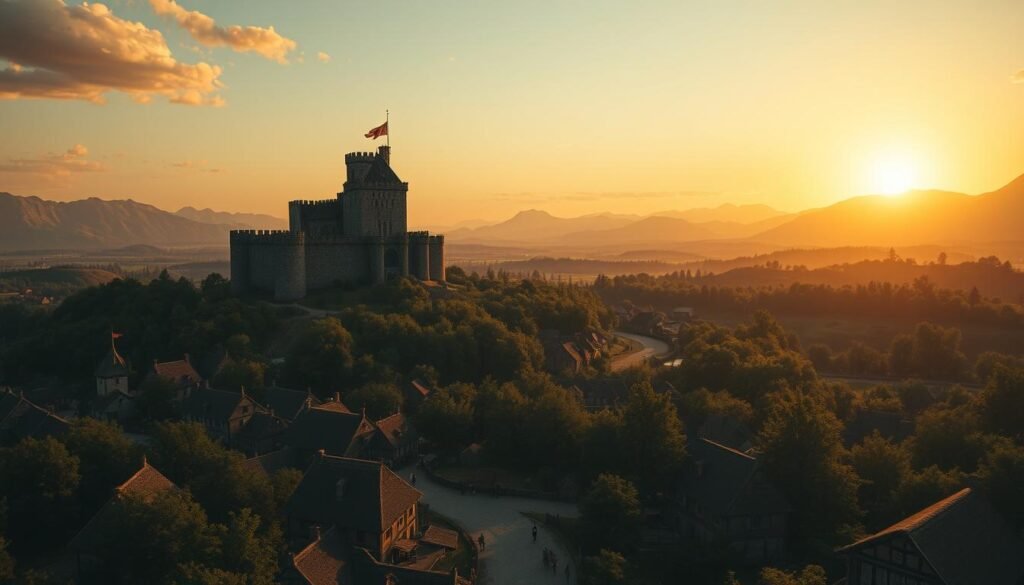 A sprawling medieval landscape unfolds, bathed in the warm glow of a setting sun. In the foreground, a quaint village bustles with life, its thatched-roof houses and cobblestone streets exuding an authentic air of the 15th century. Towering over the settlement, a grand castle stands tall, its imposing walls and towers rendered in intricate detail, every brick and stone meticulously crafted. The middle ground is dotted with lush forests, their dense canopies casting dappled shadows across the terrain. In the distance, rugged mountains rise, their jagged peaks silhouetted against a vibrant, golden sky. The scene is imbued with a sense of realism that demands attention, the result of a masterful blend of cinematic lighting, realistic textures, and an unwavering attention to historical accuracy.