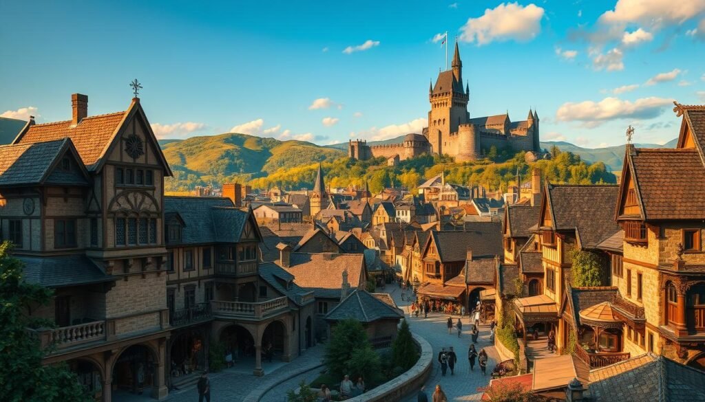 A sprawling medieval town nestled within lush, verdant hills, bathed in the warm, golden glow of the setting sun. Intricate stone architecture, adorned with ornate carvings and stained-glass windows, rises majestically against the backdrop of a cloudless azure sky. Cobblestone streets wind through the bustling marketplace, where merchants hawk their wares and citizens go about their daily lives, their garments and expressions evoking the authenticity of the era. In the distance, a majestic castle towers, its imposing silhouette casting a long shadow over the scene, radiating a sense of power and history. The overall atmosphere is one of historical authenticity, immersing the viewer in the rich tapestry of medieval life.