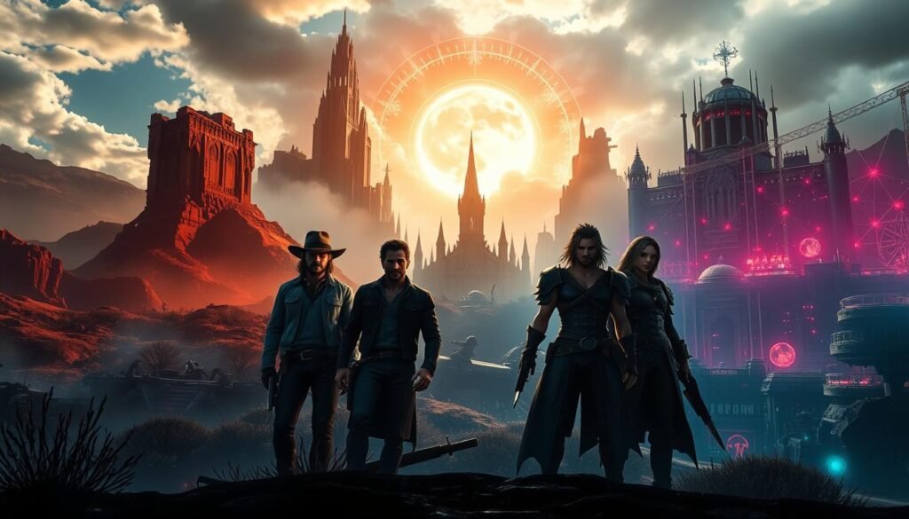 A striking juxtaposition of iconic gaming landscapes - the rugged, sun-dappled frontier of Red Dead Redemption, the towering, fog-shrouded ruins of Elden Ring, and the fantastical, neon-tinged cityscapes of Final Fantasy. In the foreground, a seamless blending of these disparate worlds, with heroic figures from each title standing together, their expressions resolute. The middle ground features detailed representations of key landmarks and environments, while the background is a kaleidoscope of shimmering, surreal elements that evoke the high-fidelity graphics and cutting-edge technology powering these next-generation gaming experiences. Dramatic, cinematic lighting casts deep shadows and highlights the vivid, saturated colors, creating an atmosphere of awe-inspiring grandeur.