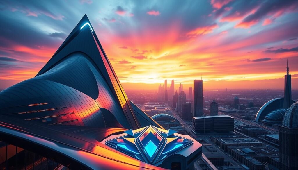 A stunning architectural masterpiece set against a dramatic, futuristic backdrop. Sleek, angular lines and gleaming metallic surfaces of the Blackwell building rise up towards a vibrant, neon-hued sky. The structure appears to emanate an otherworldly glow, its intricate details and sharp edges illuminated by a combination of natural and artificial lighting. The foreground is dominated by a sweeping, curved facade that reflects the surrounding environment, creating a sense of depth and immersion. In the middle ground, a series of geometric forms and dynamic shapes suggest advanced, next-gen technology at work, while the distant background features a sprawling cityscape of towering skyscrapers and futuristic infrastructure. An awe-inspiring, technologically-advanced vision of the architecture of tomorrow.