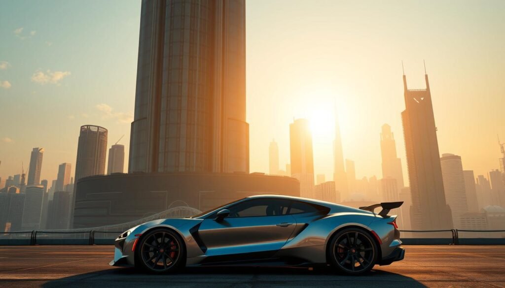 A stunning, hyper-realistic game visual test showcasing the extraordinary power of the next-generation RTX 5070 GPU. Set in a sprawling, futuristic cityscape, the scene depicts a towering skyscraper bathed in a warm, golden glow from the setting sun. Intricate details and textures adorn the building's facade, reflecting the ray-traced lighting and cutting-edge materials. In the foreground, a high-performance sports car takes center stage, its sleek, metallic body gleaming under the soft, diffused illumination. The overall atmosphere is one of technological sophistication and visual grandeur, perfectly capturing the immersive, next-level gaming experiences enabled by the latest advancements in GPU hardware.