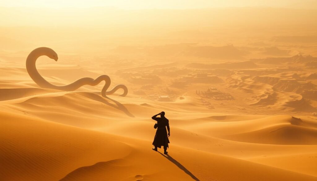 A vast, expansive desert landscape of Arrakis, the harsh planet at the heart of the Dune universe. In the foreground, a lone figure stands amidst towering dunes, shielding their eyes from the relentless sun. The middle ground reveals the silhouettes of massive sandworms, their undulating forms casting long shadows across the sands. In the distance, a sprawling open-world environment comes into view, a complex network of canyons, outposts, and rugged terrain to be explored. The lighting is warm and natural, casting a golden hue over the scene. The atmosphere is one of isolation, challenge, and the vast, unforgiving nature of the Dune universe. This image captures the essence of "Dune: Awakening," a survival-focused MMO that will push the boundaries of GPU performance on next-generation hardware.