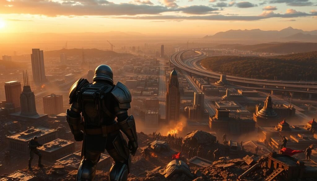 A vast, open-world landscape sprawls before the viewer, bathed in the warm glow of a setting sun. In the foreground, a heavily-armed protagonist stands amidst the ruins of a battle, their powerful suit of armor gleaming. Surrounding them, a chaotic mix of enemy combatants, civilians, and towering structures create a sense of dynamic action and immersion. The middle ground features a dense urban environment, with skyscrapers and highways weaving through the scene. In the distance, mountains and forests stretch out to the horizon, hinting at the expansive possibilities of this open-world environment. The lighting is cinematic, with dramatic shadows and highlights accentuating the details. The camera angle is slightly elevated, giving the viewer a sense of scale and presence within this vibrant, living world.