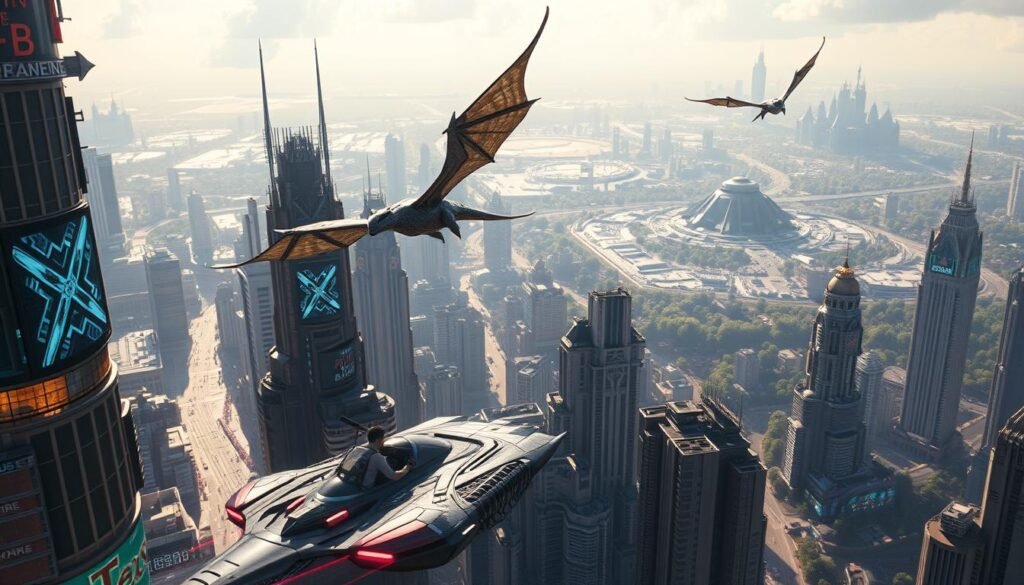 A vast, shimmering landscape of towering skyscrapers and floating islands, bathed in the glow of holographic billboards and futuristic hues. In the foreground, a sleek, hover-equipped hovercraft speeds through the bustling cityscape, its pilot navigating the labyrinthine streets with precision. Overhead, a pair of majestic, cybernetically-enhanced dragons soar, their metallic scales glinting in the ethereal light. In the distance, a sprawling technological metropolis blends seamlessly with lush, verdant forests, hinting at the blend of science and fantasy that defines this captivating open world. The scene is illuminated by a vibrant, cinematic lighting, lending a sense of depth and grandeur to the entire composition.