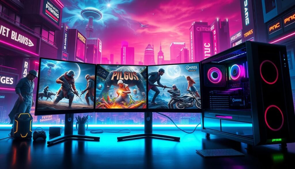 A vibrant and dynamic visual representation of various video game genres, showcasing an array of gaming styles. In the foreground, depict a sleek gaming setup, including a high-end gaming PC, RGB lighting, and a dual monitor display featuring different genre-themed artwork (like RPG, FPS, and simulation). The middle ground should feature characters and iconography representing each genre, such as warriors, futuristic soldiers, and farming tools, all blending artistically. The background presents a futuristic, cyberpunk cityscape with neon lights and a digital skyline, creating an immersive gaming atmosphere. Use dramatic lighting with a mix of cool and warm tones to evoke excitement and energy. Aim for a cinematic angle that draws the viewer into this engaging gaming universe.
