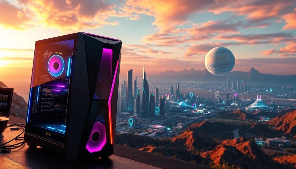 A visually stunning and meticulously crafted scene showcasing the optimal graphical settings for next-gen PC gaming. In the foreground, a detailed and hyper-realistic render of a state-of-the-art gaming rig, with vibrant RGB lighting accentuating its sleek, angular design. The middle ground features a sprawling, futuristic cityscape, with towering skyscrapers and neon-lit holograms casting an ethereal glow. In the background, a breathtaking vista of a distant alien world, with vibrant, otherworldly landscapes and a stunning, multi-hued sky. The scene is bathed in a warm, cinematic lighting, creating a sense of depth and atmosphere that showcases the true power and visual fidelity of the latest graphics hardware and software.