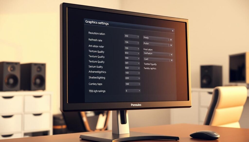 Detailed, high-quality 3D render of a computer monitor displaying a comprehensive graphics settings menu, with clearly labeled options for resolution, refresh rate, anti-aliasing, texture quality, shadows, lighting, and other advanced graphics parameters. The monitor is positioned in a modern, minimalist office setup, with a desk, chair, and other peripherals visible in the background. The lighting is warm and natural, creating a calm and focused atmosphere. The overall scene conveys a sense of professional, well-thought-out PC gaming configuration for a mid-range to high-end GPU.