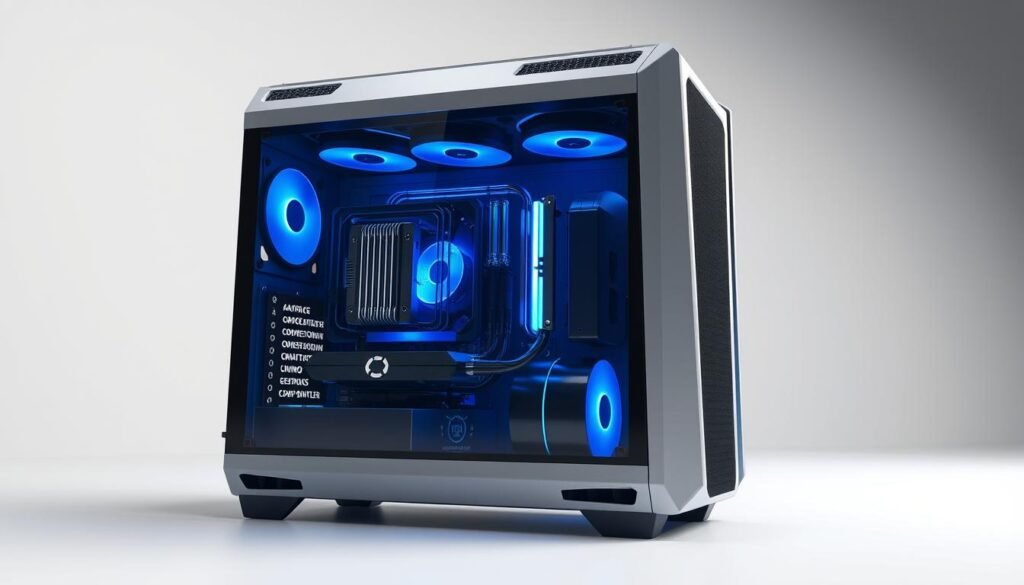 Detailed, photorealistic 3D rendering of an airflow-optimized computer case in a well-lit studio setting. The case features a sleek, angular design with a tempered glass side panel and prominent air vents on the front, top, and rear. Cool blue LED lighting illuminates the interior, highlighting the high-performance cooling components such as a large CPU heatsink, multiple case fans, and a powerful GPU. The overall composition emphasizes the case's airflow-focused engineering, capturing the dynamic flow of cool air through the system for maximum thermal efficiency.