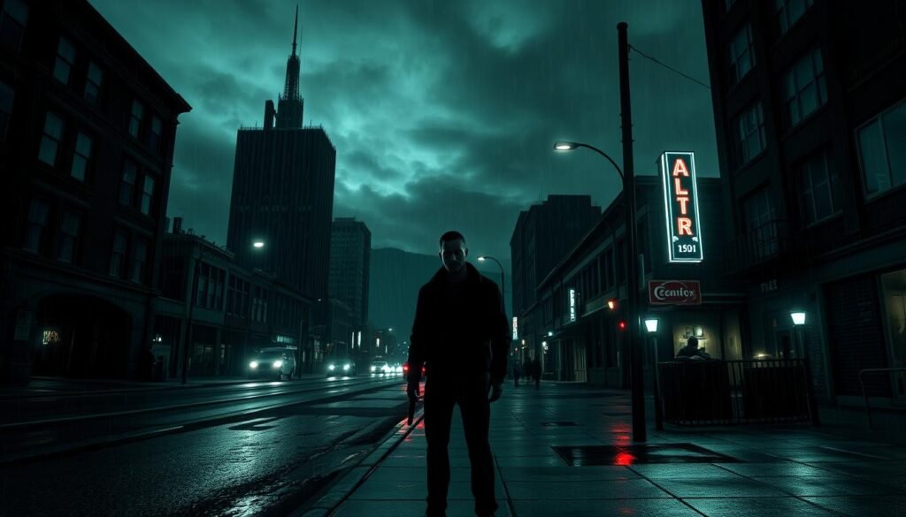 Eerie and unsettling night scene of the Pacific Northwest town from the Alan Wake video game series. Gloomy skies with overcast clouds, gentle rain falling. Dimly lit, neon-tinged streets with puddles reflecting the lights. Towering, angular buildings in the background, casting dramatic shadows. Prominent use of chiaroscuro lighting, with deep shadows and pools of light. The protagonist, Alan Wake, stands alone on the sidewalk, his face partially obscured by darkness. An ominous, supernatural atmosphere pervades the scene. Eerie and unsettling night scene of the Pacific Northwest town from the Alan Wake video game series. Gloomy skies with overcast clouds, gentle rain falling. Dimly lit, neon-tinged streets with puddles reflecting the lights. Towering, angular buildings in the background, casting dramatic shadows. Prominent use of chiaroscuro lighting, with deep shadows and pools of light. The protagonist, Alan Wake, stands alone on the sidewalk, his face partially obscured by darkness. An ominous, supernatural atmosphere pervades the scene.
