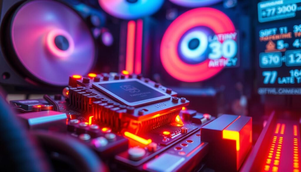 A close-up of a high-tech gaming chip embedded in a cooling system, visibly overheating with orange and red glow accents. In the foreground, focus on the intricate details of the chip with sleek metallic components, wires, and sensors. The middle ground features a gaming PC setup with RGB lighting, showcasing powerful hardware under strain. The background subtly includes a digital display with performance metrics like latency and temperature, emphasizing the theme of overheat effects. The scene should be illuminated with dramatic lighting, highlighting the warmth of the chip against a cooler, darker backdrop, creating a contrast that suggests intensity and urgency. The atmosphere is tense and dynamic, indicative of high-stakes gaming performance.