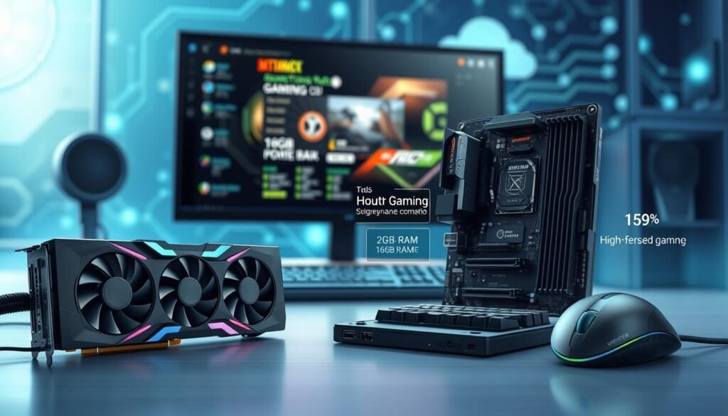 A detailed illustration of gaming hardware specifications intended for a cloud gaming context. In the foreground, showcase sleek higher-end gaming components: a powerful graphics card, high-performance CPU, and motherboard with highlighted specs such as 16GB RAM and 2TB SSD. The middle ground features a modern gaming setup with a high-refresh-rate monitor displaying a gaming interface, along with a mechanical keyboard and gaming mouse. The background should depict a tech-inspired environment, with abstract digital elements like circuit patterns and cloud connections, evoking the essence of latency and connectivity. Utilize soft blue and green ambient lighting to create a high-tech atmosphere, with a slight depth of field, focusing on the hardware while blurring the background subtly. Aim for a polished and professional look that conveys the advancements in gaming technology.