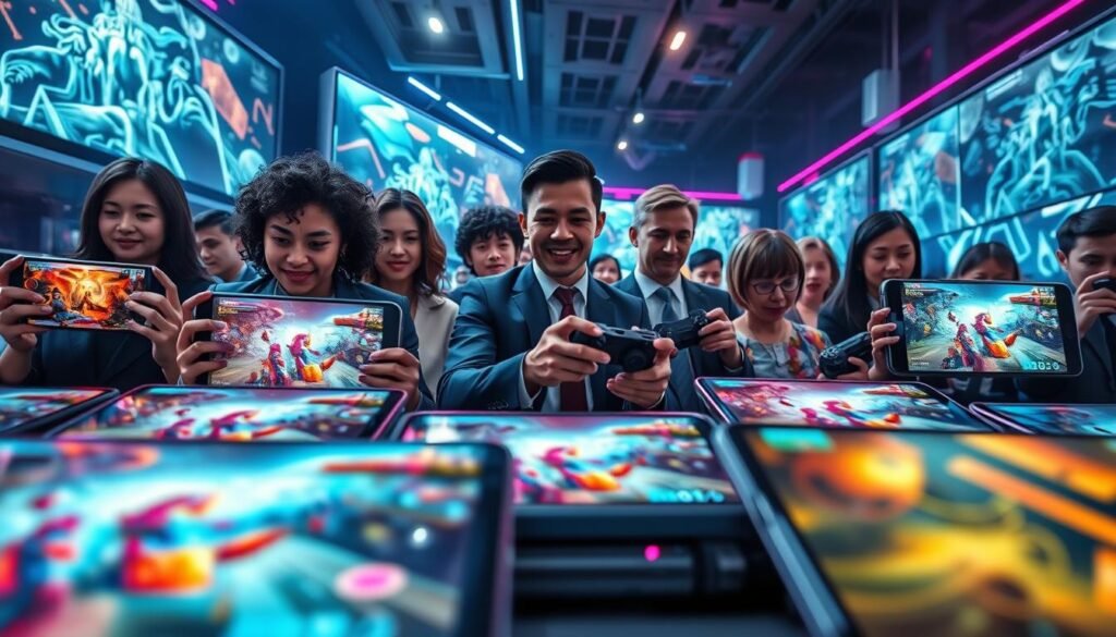 A dynamic and visually captivating representation of the "Mobile Game Categories 2025" scene. In the foreground, showcase an array of mobile devices displaying vibrant, high-resolution game graphics that echo PC gaming quality. In the middle ground, feature diverse gamers, including individuals from various backgrounds, all dressed in professional business attire, deeply engaged in gameplay. The background should depict a futuristic gaming environment, with sleek neon lights and holographic displays, creating an immersive atmosphere. Incorporate dramatic lighting to emphasize the excitement of mobile gaming, with reflections on the devices' screens. Utilize a wide-angle perspective to capture the full energy of the scene, evoking a sense of innovation and advanced technology. Ensure a lively and optimistic mood throughout the composition, representing the future of mobile gaming. A dynamic and visually captivating representation of the "Mobile Game Categories 2025" scene. In the foreground, showcase an array of mobile devices displaying vibrant, high-resolution game graphics that echo PC gaming quality. In the middle ground, feature diverse gamers, including individuals from various backgrounds, all dressed in professional business attire, deeply engaged in gameplay. The background should depict a futuristic gaming environment, with sleek neon lights and holographic displays, creating an immersive atmosphere. Incorporate dramatic lighting to emphasize the excitement of mobile gaming, with reflections on the devices' screens. Utilize a wide-angle perspective to capture the full energy of the scene, evoking a sense of innovation and advanced technology. Ensure a lively and optimistic mood throughout the composition, representing the future of mobile gaming.
