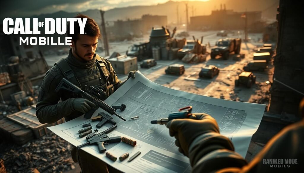 A dynamic scene depicting a strategic counter loadout for Call of Duty Mobile, featuring a skilled character in tactical attire (camouflage and body armor) strategizing in an intense ranked mode environment. In the foreground, show the character holding a blueprint with an array of advanced weapons (assault rifles, grenades) laid out. The middle ground reveals a digital map with marked enemy positions and icons representing perks. The background features a war-torn urban landscape with ruined buildings and military vehicles, bathed in the dim light of dusk, casting long shadows. Use a cinematic angle to capture the intensity of the moment, evoking a sense of urgency and strategic planning. The mood should be serious and focused, reflecting the high-stakes atmosphere of competitive gameplay.