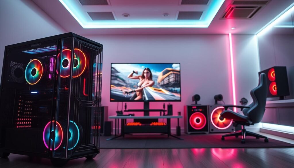 A futuristic gaming PC setup in a sleek, modern environment. In the foreground, showcase a high-end gaming PC with transparent panels revealing vibrant, pulsing RGB lights and advanced cooling systems. The middle layer features a cutting-edge gaming monitor displaying stunning graphics from a next-gen game, emphasizing rich colors and sharp details. In the background, a minimalist room design with neon accents, ergonomic gaming chair, and ambient lighting creates a captivating atmosphere. The scene is illuminated with soft, dynamic lighting to enhance the mood, captured from a slightly elevated angle to provide a comprehensive view. The overall vibe should convey excitement and anticipation for the future of gaming technology.