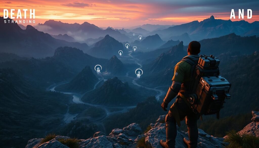 A high-angle view of a rugged landscape from "Death Stranding," showcasing diverse terrains like rocky mountains, rivers, and dense forests. In the foreground, a character in professional yet practical hiking gear stands confidently, equipped with futuristic delivery apparatus, surveying their route. The middle ground features various landmarks and pathways winding through the environment, emphasizing strategic routes for speedrunning. The background is a dramatic sky at twilight, casting a vibrant orange and purple glow over the landscape, creating a sense of urgency and adventure. The overall atmosphere is intense and inspiring, evoking the challenge of mastering gameplay mechanics to save time while navigating the game. The image should be highly detailed, with realistic textures and dynamic lighting that highlights the character's focus and determination.