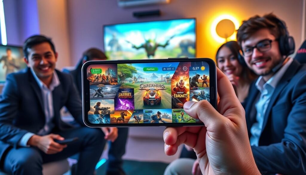 A modern and sleek digital setup showcasing a variety of high-quality mobile games on a smartphone screen, prominently displayed in the foreground. The smartphone is held by a diverse group of enthusiastic gamers in professional business attire, emphasizing their keen interest in mobile gaming graphics. In the middle, create a vibrant and detailed representation of various game environments, illustrating genres like fantasy, action, and adventure, with stunning graphics reminiscent of PC gaming. The background should feature a cozy gaming space with ambient lighting, highlighting a soft glow from LED lights and a stylish gaming chair. Capture the excitement and anticipation in the expression of the gamers, evoking a sense of community and expert tips for selecting the best mobile games. A modern and sleek digital setup showcasing a variety of high-quality mobile games on a smartphone screen, prominently displayed in the foreground. The smartphone is held by a diverse group of enthusiastic gamers in professional business attire, emphasizing their keen interest in mobile gaming graphics. In the middle, create a vibrant and detailed representation of various game environments, illustrating genres like fantasy, action, and adventure, with stunning graphics reminiscent of PC gaming. The background should feature a cozy gaming space with ambient lighting, highlighting a soft glow from LED lights and a stylish gaming chair. Capture the excitement and anticipation in the expression of the gamers, evoking a sense of community and expert tips for selecting the best mobile games.
