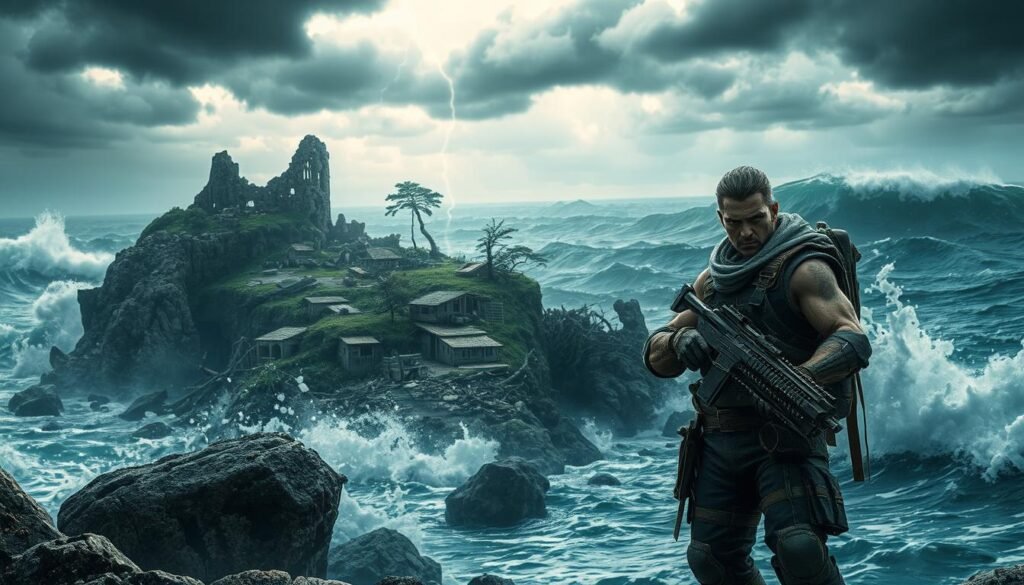 A post-apocalyptic landscape dominated by raging waves crashing against crumbling cliffs under a stormy sky. In the foreground, a rugged warrior in modest tactical gear stands defiantly, gripping a futuristic weapon, face resolute against the wind. The middle ground features remnants of a once-thriving coastal town, with half-submerged buildings and uprooted trees, draped in dark clouds and swirling debris. The background depicts ominous dark waves, reflecting flashes of lightning, creating a dramatic contrast. Dynamic lighting enhances the somber atmosphere, capturing a sense of urgency and resilience amidst chaos. The scene conveys an immersive action-packed vibe typical of next-gen RPGs, inviting viewers into the world of "Wuthering Waves." A post-apocalyptic landscape dominated by raging waves crashing against crumbling cliffs under a stormy sky. In the foreground, a rugged warrior in modest tactical gear stands defiantly, gripping a futuristic weapon, face resolute against the wind. The middle ground features remnants of a once-thriving coastal town, with half-submerged buildings and uprooted trees, draped in dark clouds and swirling debris. The background depicts ominous dark waves, reflecting flashes of lightning, creating a dramatic contrast. Dynamic lighting enhances the somber atmosphere, capturing a sense of urgency and resilience amidst chaos. The scene conveys an immersive action-packed vibe typical of next-gen RPGs, inviting viewers into the world of "Wuthering Waves."